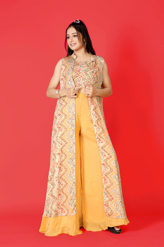 Tarz's Printed Long Jacket Outfit with Embellished Bustier and a Flaired palazzo