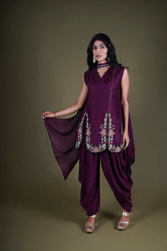 Wine Dhoti kurta set for women