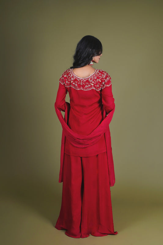 Red Hand Embroidered Palazzo Suit With Dupatta