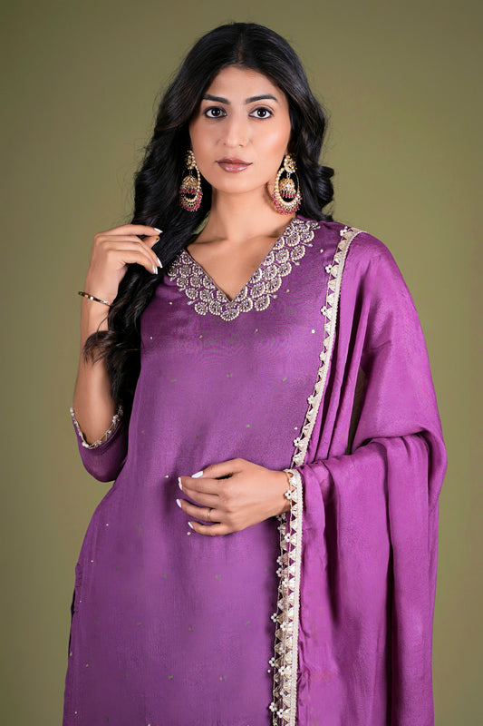 Mauve Hand Embroidered Kurta Palazzo Set With Dupatta