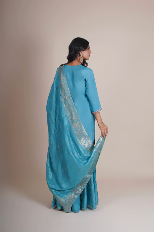 Blue Hand embroidered Kurta Sharara set with Dupatta