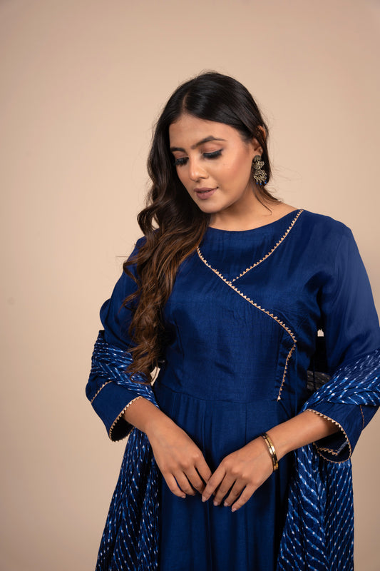 Blue Angrakha style Anarkali with heavy Tassels