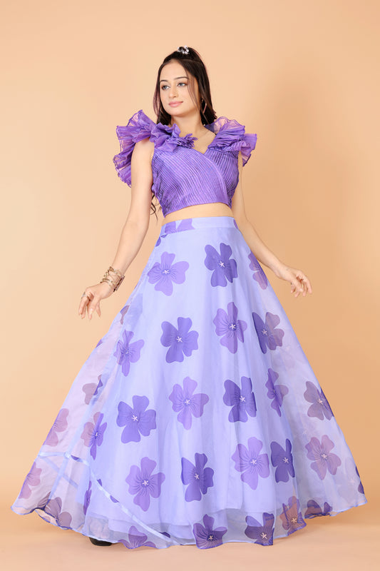 Tarz's Purple Ruffle Sleeveless Blouse in Knife Pleats With Floral Skirt