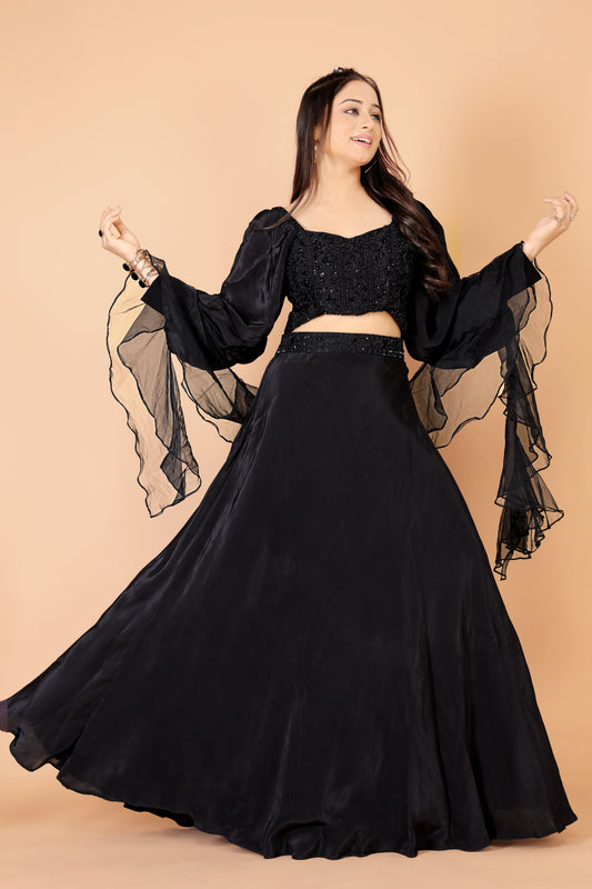 Tarz's Trendy Black Lehenga set with Heavy embroidered Blouse And Ruffle Dupatta