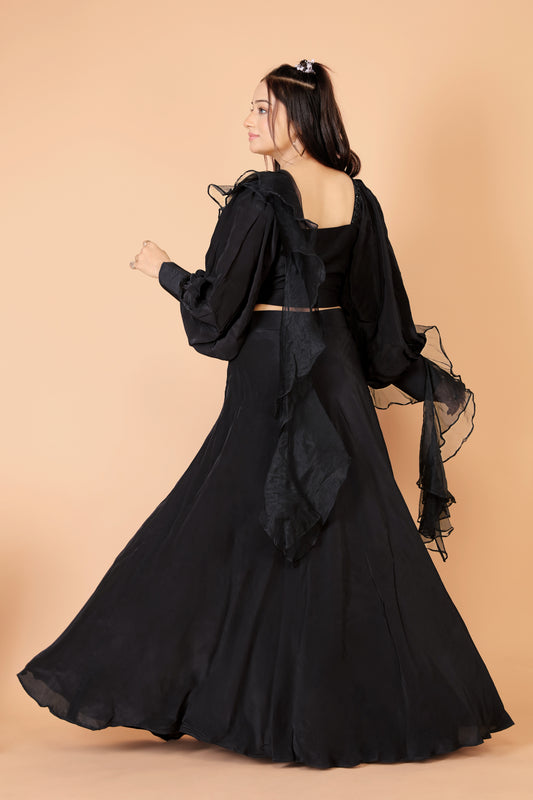 Tarz's Trendy Black Lehenga set with Heavy embroidered Blouse And Ruffle Dupatta