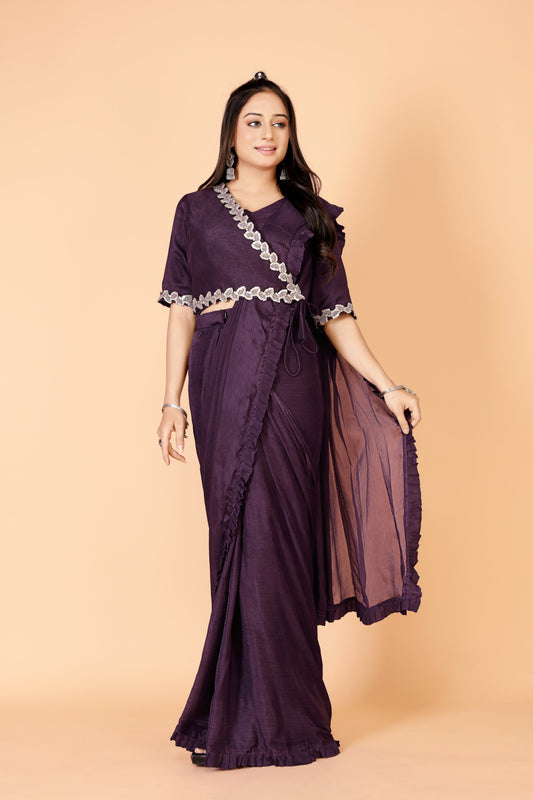 Tarz's Plum Shade Angrakha Blouse Ready To Wear Saree