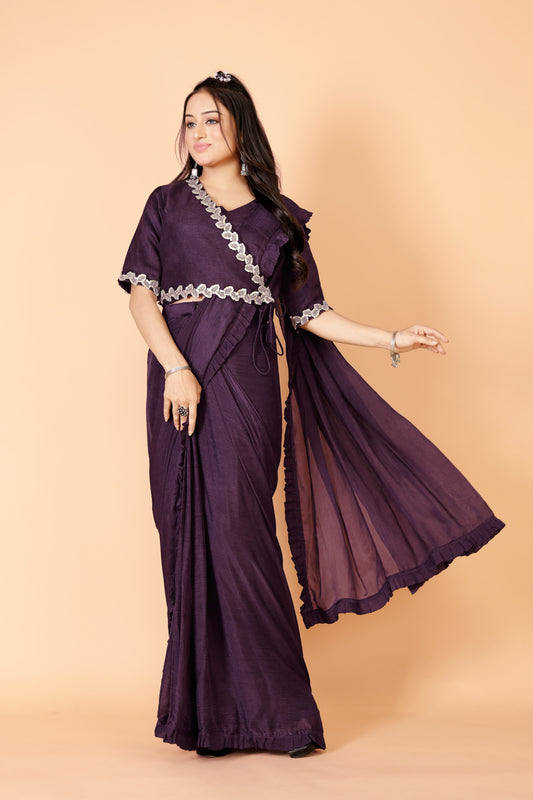 Tarz's Plum Shade Angrakha Blouse Ready To Wear Saree