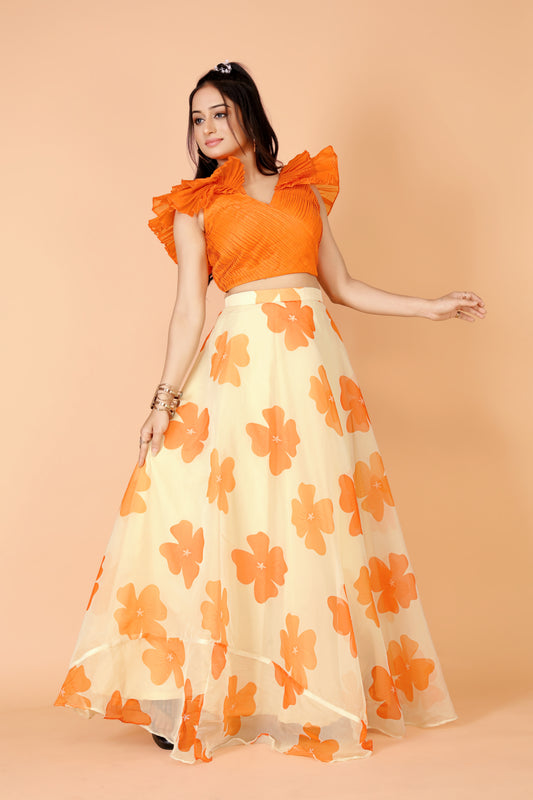 Tarz's Orange Ruffle Sleeveless Blouse in Knife Pleats With Floral Skirt