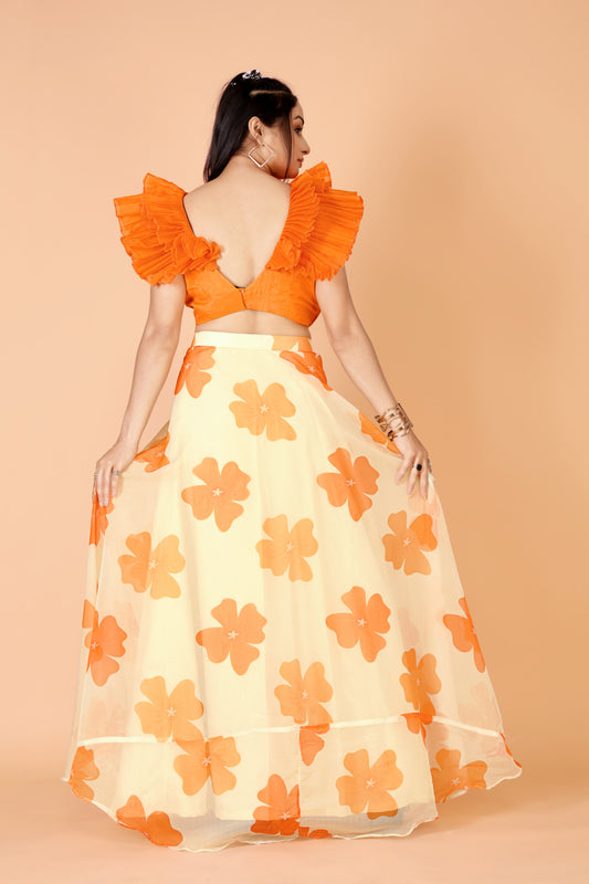 Tarz's Orange Ruffle Sleeveless Blouse in Knife Pleats With Floral Skirt