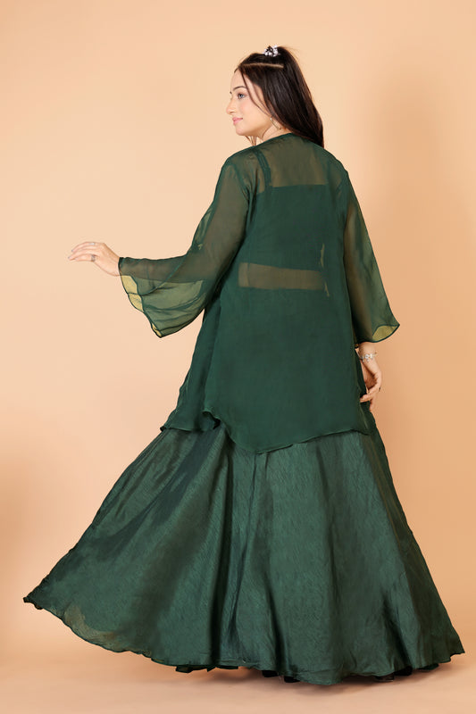 Tarz's Bottle Green Skirt Croptop with Embroidered Short Jacket