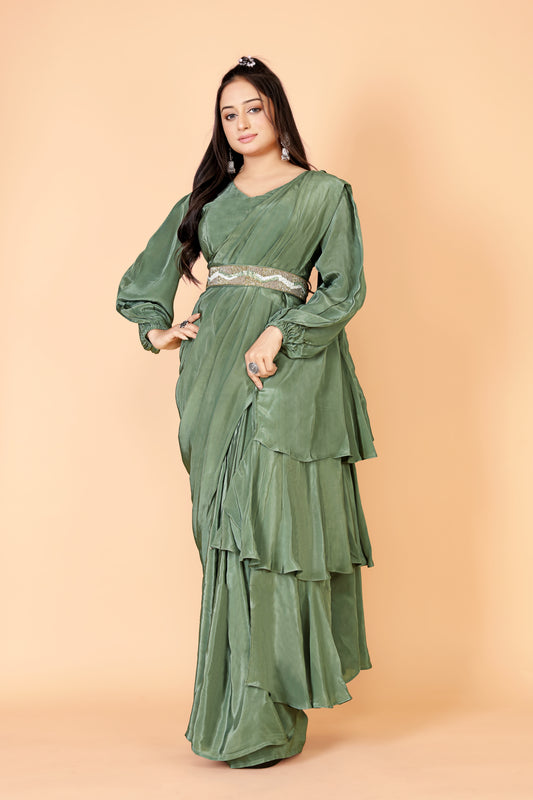 Tarz's Leaf Green Ready To Wear Saree with Embroidered Belt