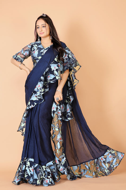 Tarz's Navy Blue Pre pleated saree with ruffle pallu and Embroidered blouse