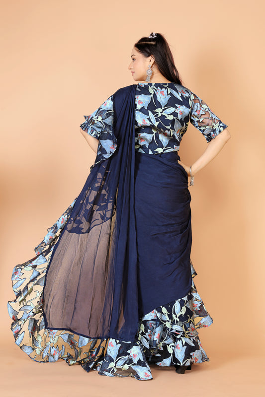 Tarz's Navy Blue Pre pleated saree with ruffle pallu and Embroidered blouse