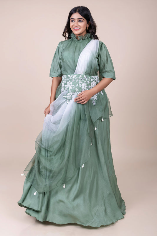 Tarz's Green Indowestern Gown with drape