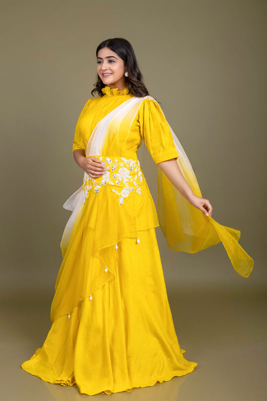 Tarz's yellow Indowestern Gown with drape