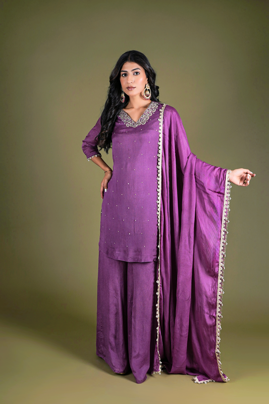 Mauve Hand Embroidered Kurta Palazzo Set With Dupatta