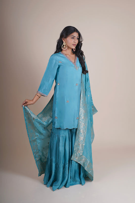 Blue Hand embroidered Kurta Sharara set with Dupatta