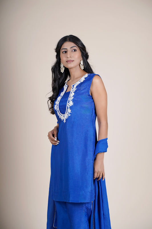 Blue Silk Kurta Palazzo Set With Dupatta