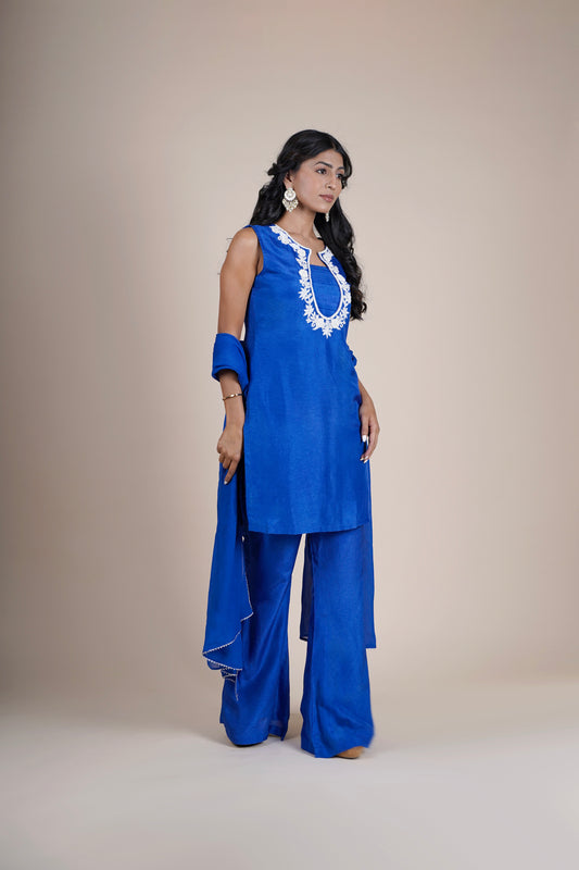 Blue Silk Kurta Palazzo Set With Dupatta