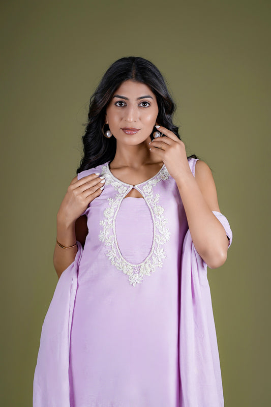 Lilac hand embroidered kurta palazzo set