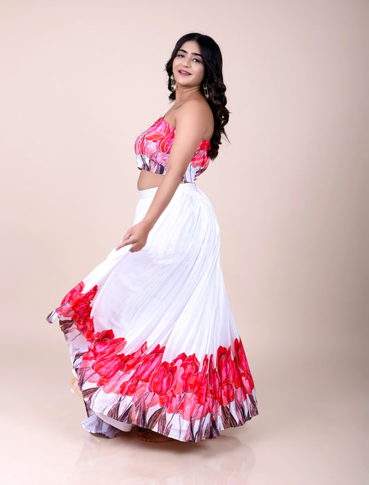 White Floral Skirt and one shoulder top in hand embroidery