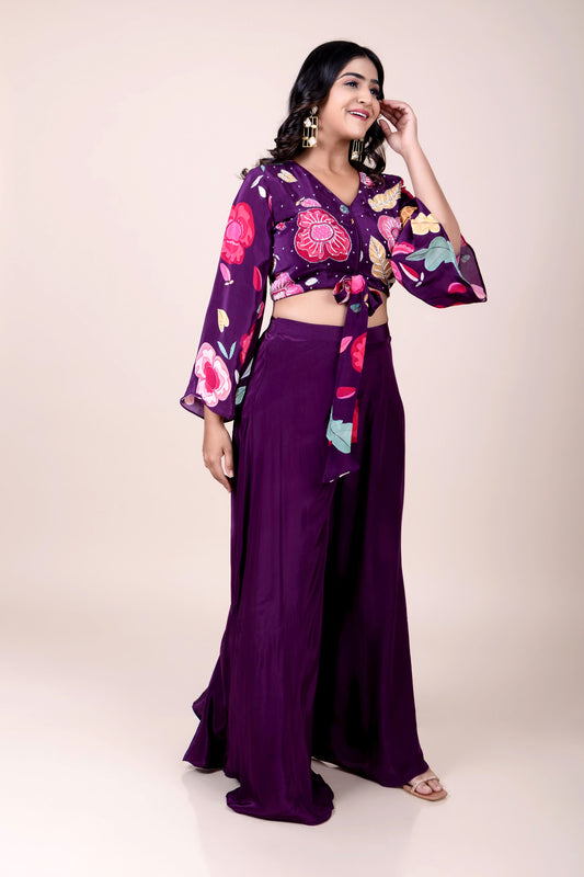 Purple floral printed blouse with palazzo, indowestern outfit