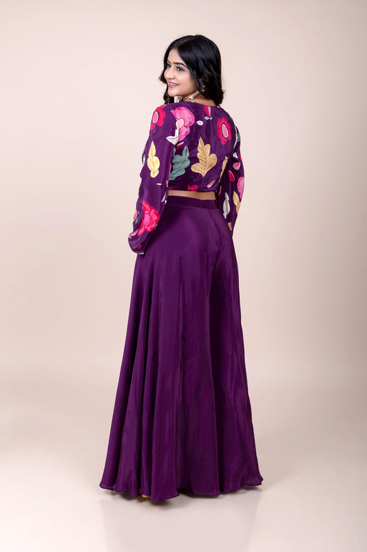 Purple floral printed blouse with palazzo, indowestern outfit