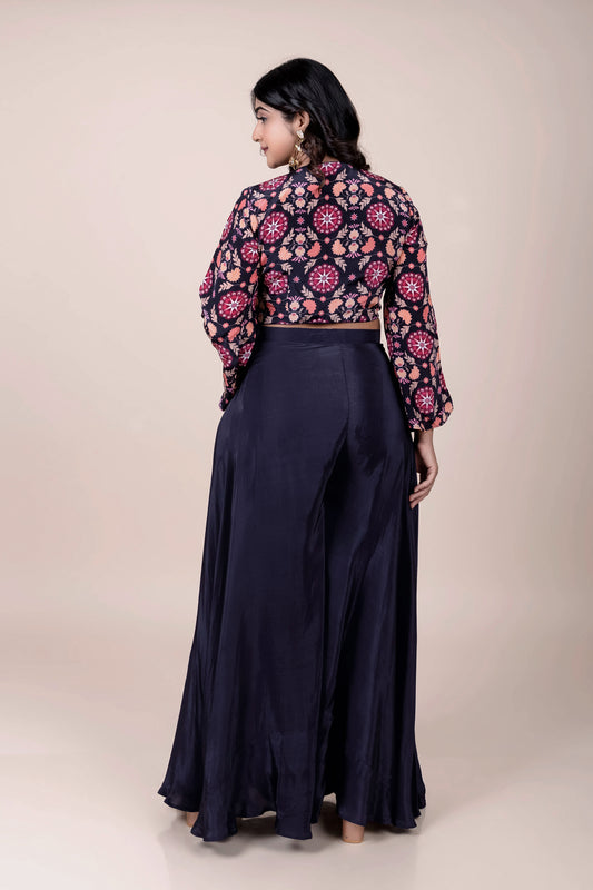 Blue floral printed blouse with palazzo, indowestern outfit