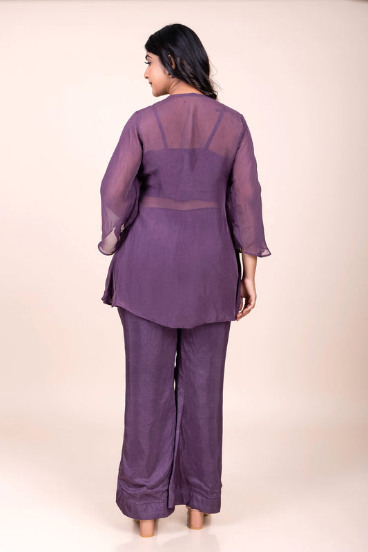 Tarz's Plum Croptop with Palazzo and Embroidered Short Jacket