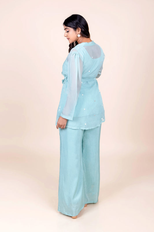 Tarz's Sky blue Organza Shrug Co-ord set