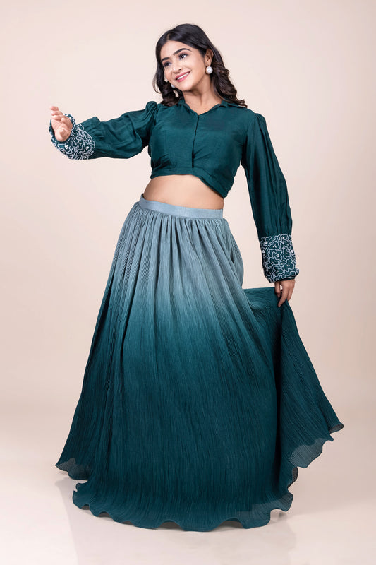 Tarz's Teal Blue Shirt Blouse with Shaded Crushed Skirt