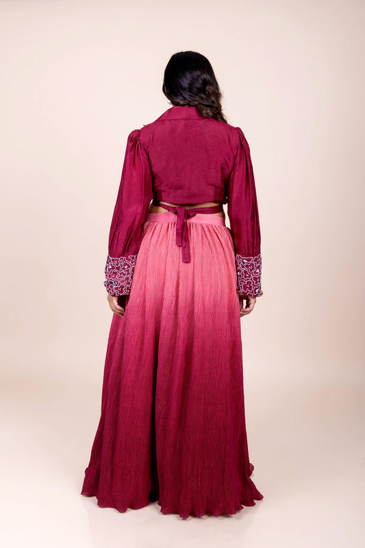 Tarz's Maroon Shirt Blouse with Shaded Crushed Skirt