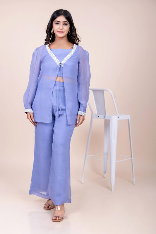 Tarz's Blue Croptop with Palazzo and Embroidered Short Jacket