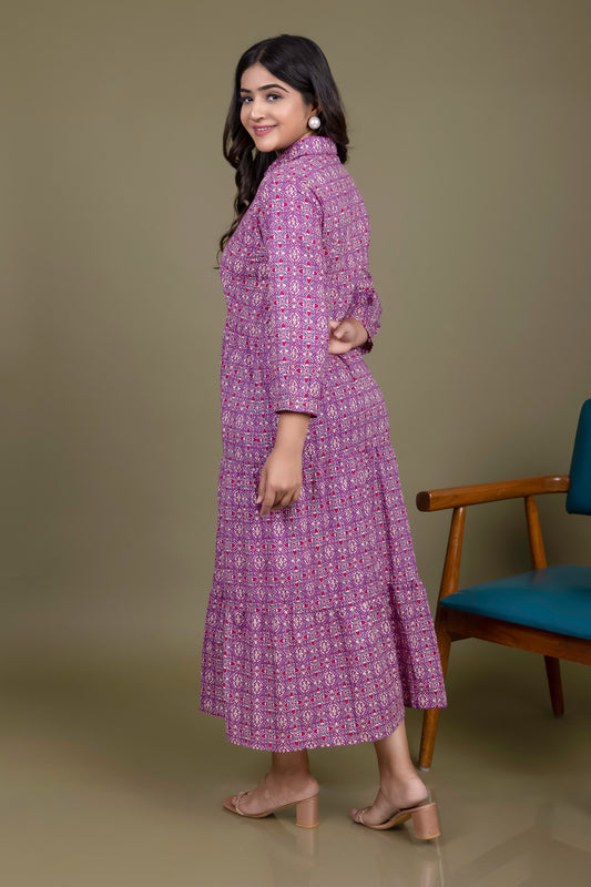 Tarz's Purple fully Printed tiered Maxi dress