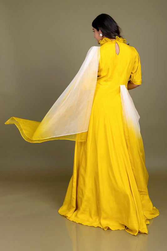 Tarz's yellow Indowestern Gown with drape