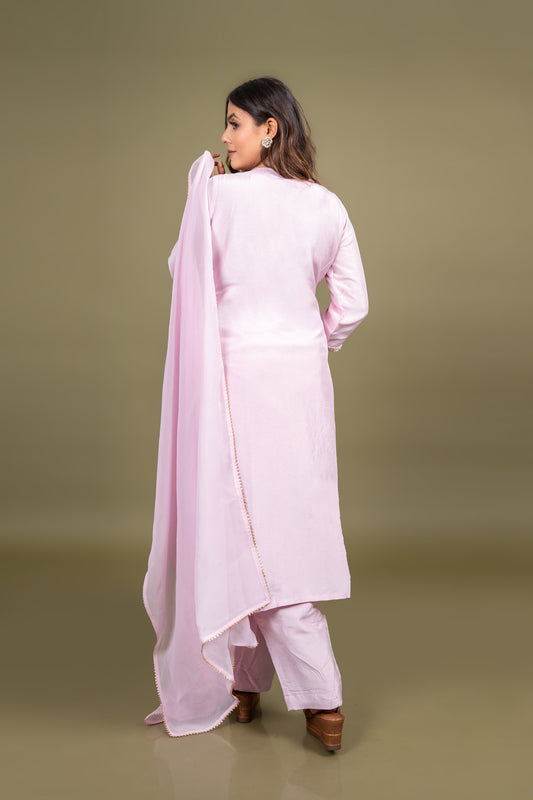 Pink embroidered kurta pant set with dupatta