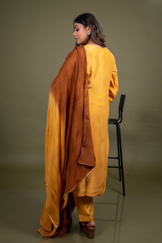 Ochre Yellow embroidered kurta pant set with shaded dupatta