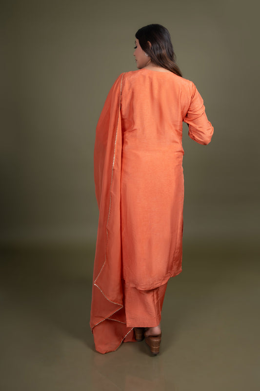 Orange embroidered kurta pant set with dupatta