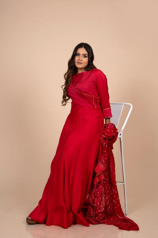 Red Angrakha style Anarkali with heavy Tassels