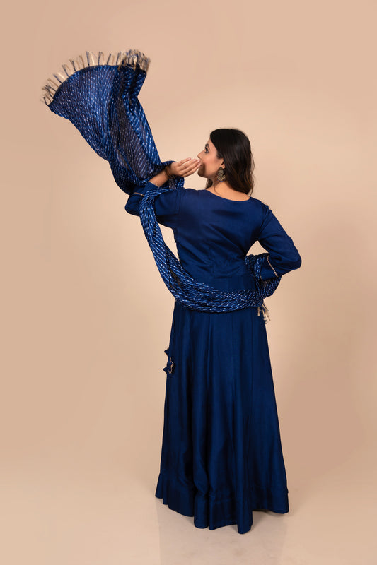 Blue Angrakha style Anarkali with heavy Tassels