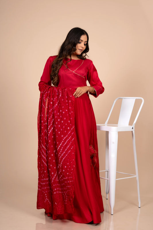 Red Angrakha style Anarkali with heavy Tassels