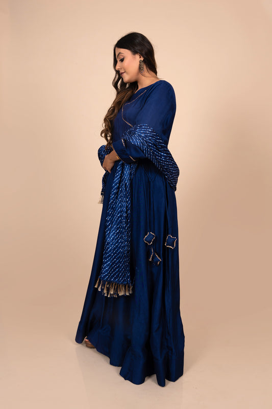 Blue Angrakha style Anarkali with heavy Tassels