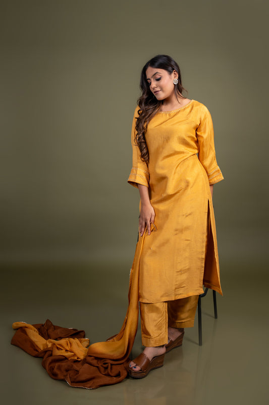 Ochre Yellow embroidered kurta pant set with shaded dupatta