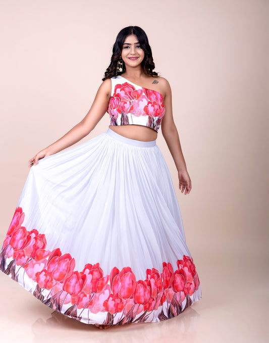 White Floral Skirt and one shoulder top in hand embroidery