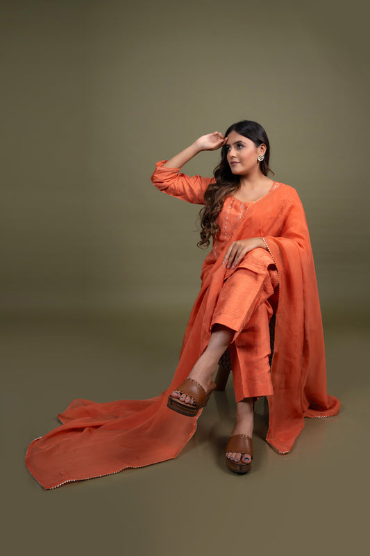 Orange embroidered kurta pant set with dupatta