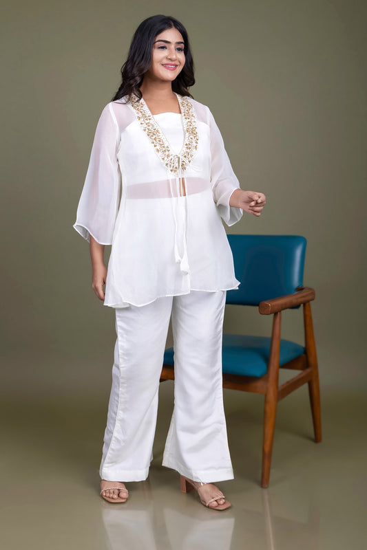 Tarz's Cream Croptop with Palazzo and Embroidered Short Jacket