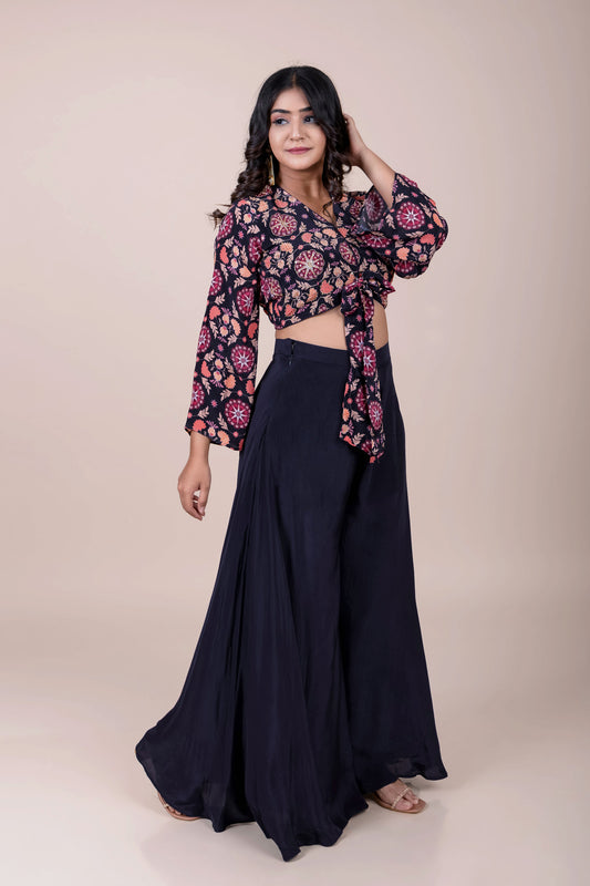 Blue floral printed blouse with palazzo, indowestern outfit