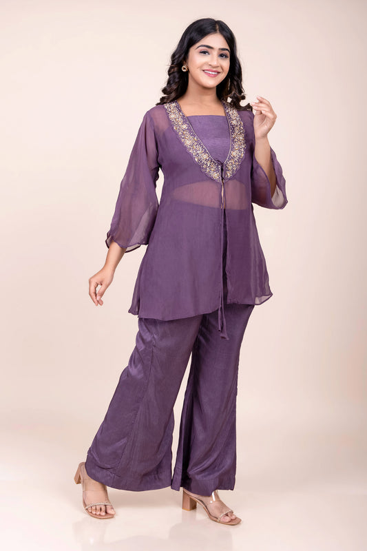 Tarz's Plum Croptop with Palazzo and Embroidered Short Jacket