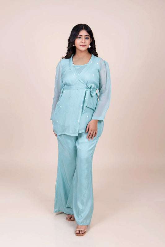 Tarz's Sky blue Organza Shrug Co-ord set