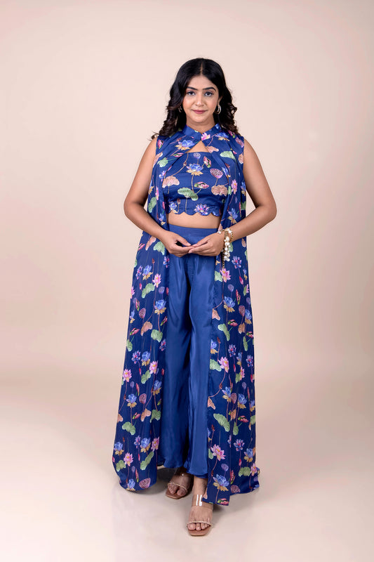 Tarz's Printed Long Jacket Outfit with  Embellished Bustier and a Flaired palazzo